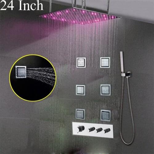 Bathroom Shower Set Accessories Thermostatic LED Rainfall Shower System Brass Massage Shower Body Jets Saving Water Faucets 24"
