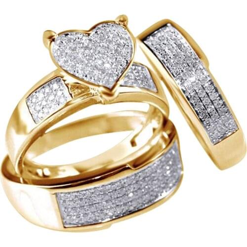 Wedding Couple Rings For Women & Men Engagement Gold-color Jewelry Fashion Ring Lover Gift No Fade 3pc/set