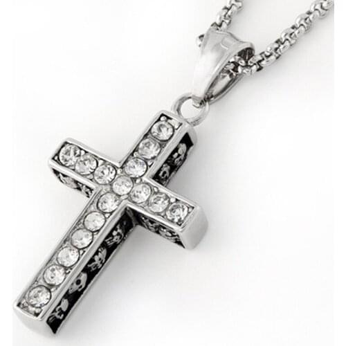 Hip Hop Stainless Steel-Jewelry Cross Pendant Necklace Jesus Chain Silver Gold Plated Crystal Long Chain Necklace Men Women