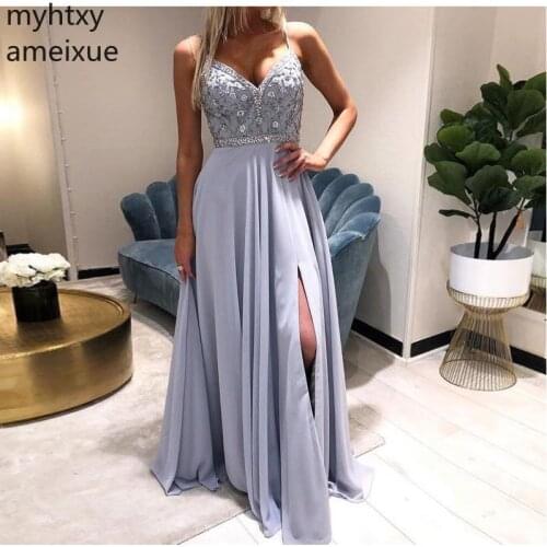 Plus Size Spaghetti Straps Silver Custom Evening Dresses V-neck Delicate Beading Long Formal Party Front Split Robe De Soiree