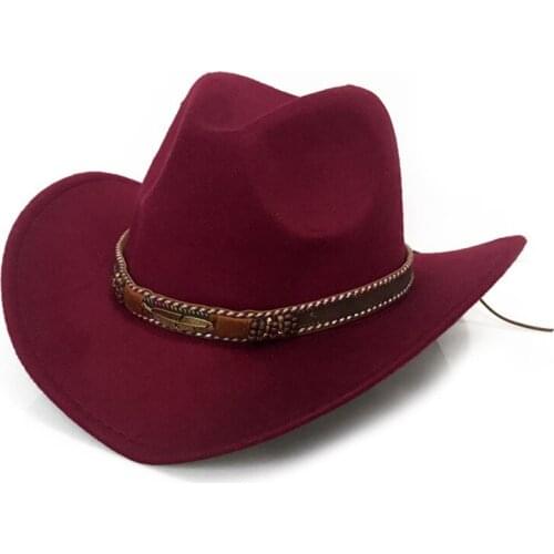 Unisex Western Cowboy Woolen Hat Wide Brim Jazz Cap with Strap Beach Sun Hat Couple Big Brim Hat Bowler Hats
