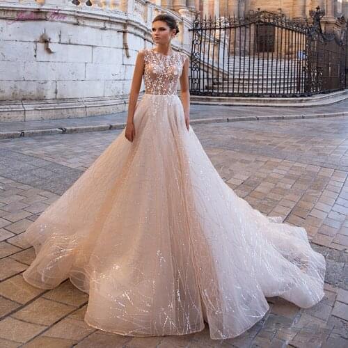 Julia Kui Sleeveless Champagne Color A-line Wedding Dress With Elegant Shakin Lace Count Train Vestido de noiva