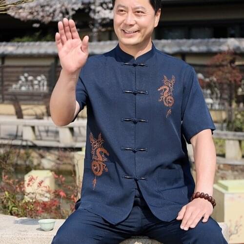 Traditional Chinese Clothing Set For Men Adult Tai Chi Kung Fu Uniforms Short Sleeve Embroidery Casual Chinese Costumes 30797