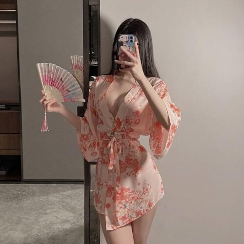 Japanese Kimono Sexy Cosplay Uniform for Women Soft Silk Belt Pink Traditional Style Robe AV Costumes Pajamas Porno Sex Adult