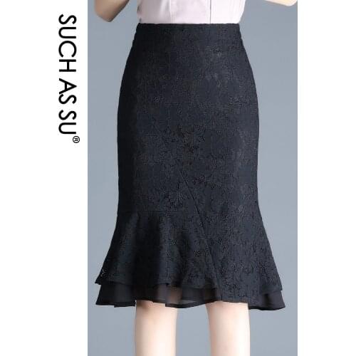 New 2021 Lace Spring Summer Womens Black High Waist A-Line Ruffle Skirt S-3XL Plus Size Sexy Mermaid Mid-Calf Skirt Female 2109