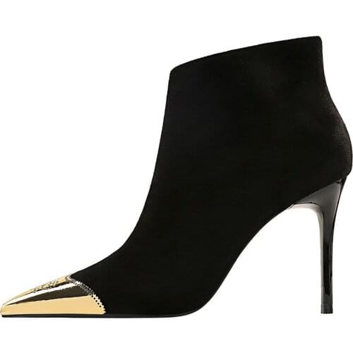 Ladies Ankle Length Flock Boots Women Pointed Toe Thin Heels High Heel Shoes Winter Side Zippper Ankle Boots