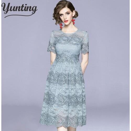 Women Lace Dresses Sexy See Through Eyelet Mesh Patchwork Evening Party Vestidos A-Line Midi Dress