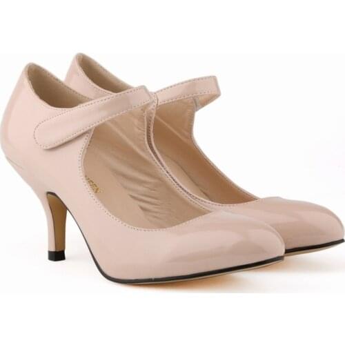 LOSLANDIFEN Ladies Patent Strap Hasp Commuter Low-heeled Comfort Fine with Breathable Round Shallow Mouth Work Shoes 1184-2PA