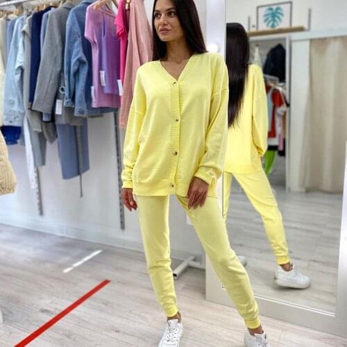 MEIYANGYOUNG V Neck knitted tracksuit Women clothing Two pieces set single-breasted cardigan + Jogging pants Sweater Suit