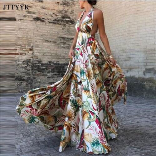 Halter Bohemian Dress Summer Plus size Sexy Backless Dress Women Sleeveless Vintage Print Floor-length Dresses For Women Vestido