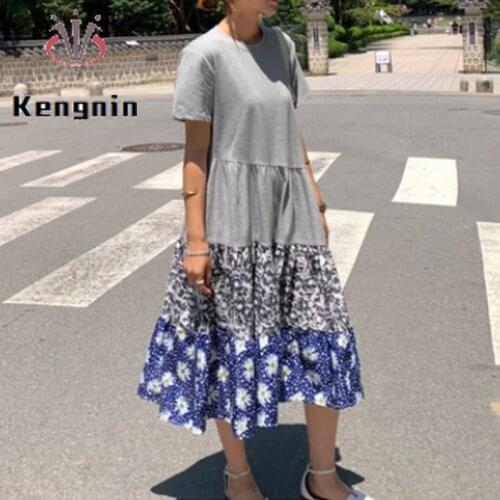2021 Summer Dresses Plus Size XL- 5XL Short Sleeve T-Shirts Lady Dress Vestidos Loose Patchwork Print Casual Female Robe KE1516