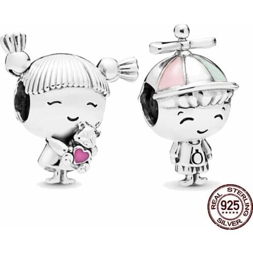 100% Real 925 Sterling Silver Cartoon Robot Boy Girl Couple Series Fit Original 3mm Bracelet& Bangle Making Fashion