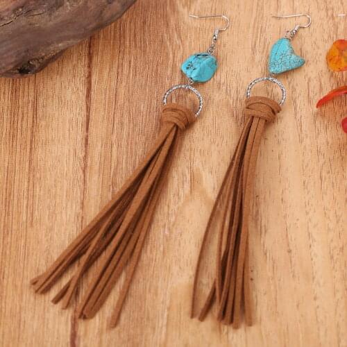 18.5 cm Raw Kallaite Stone Knot Velvet Suede Tassel Long Earrings for Women 2021 Fashion Bohe Fringe Statement Earrings Jewelry