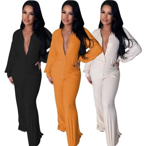 2020 New Fashion Women Casual Loose Jumpsuits High Waist V Neck Full Sleeve Rompers Solid Wide Leg Pants Overalls S-XXL