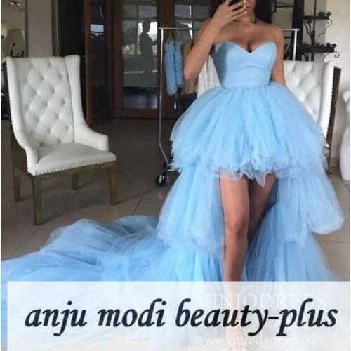 2020 Light Blue High Low Prom Dresses Strapless Sleeveless Tiered Puffy Formal Evening Party Ball Gown Robe De Soiree