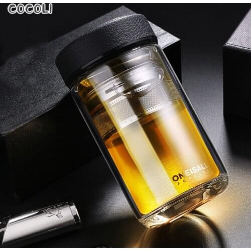 320ML Double Wall Water Bottle Business Type Glass Bottle with Stainless Steel Tea Infuser Filter Tumbler Men Office Mug Cup