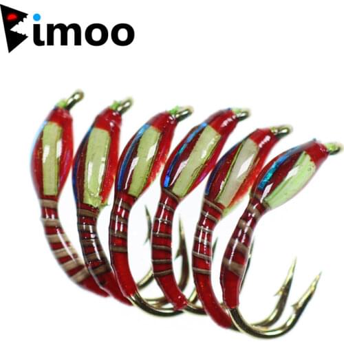 Bimoo 6PCS/Lot #12 Peacock Herl Ribbed Red Color Rasin Coated Body Blue Flash Back Yellow Cheek Buzzers Nymph Fishing Flies