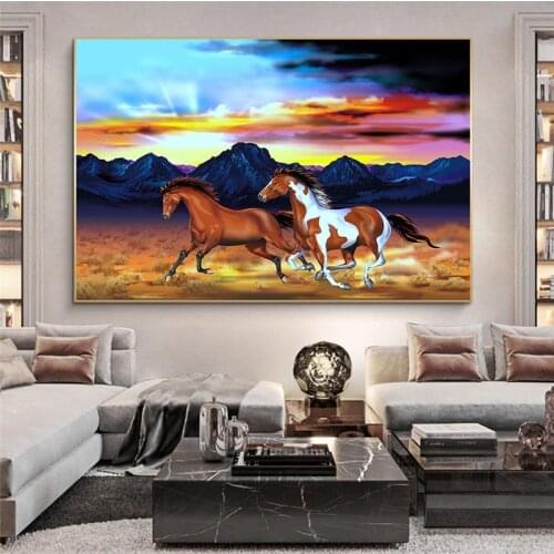 Large Size Two Running Horses Canvas Oil Painting Posters and Prints Animal Wall Pictures for Living Room Cuadros Decoration