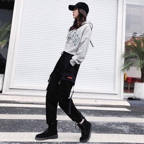 Hip Hop Cargo Pants Women Casual Joggers Black High Waist Casual Female Trousers Harajuku Korean Ladies Pants With Side Pockets