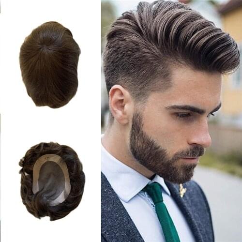 BYMC Mens Toupee Swiss Lace and PU Hair Replacement Systems Handmade Wig Natural Remy 6inch Indian Human Hair For Men