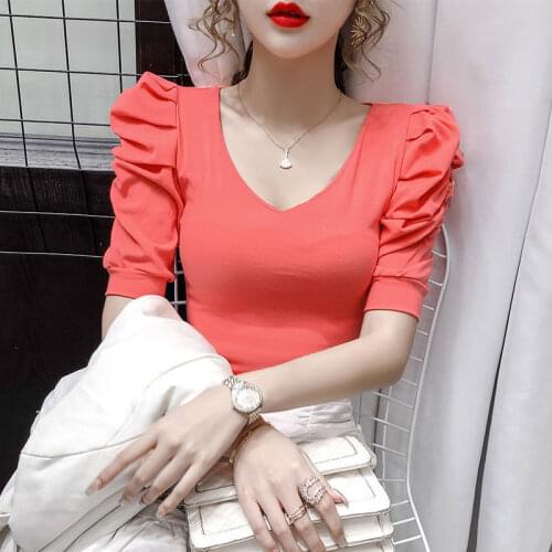 Cotton T Shirt Women Fashion 2021 Summer Plus Size Puff Sleeve T-shirt Harajuku Elegant Tee Female Basic Tshirt Streetwear PD116