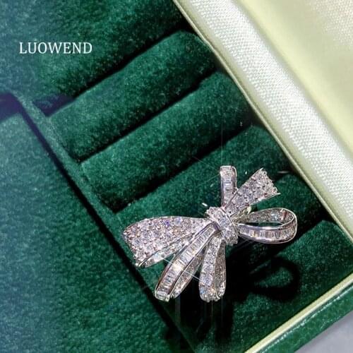 LUOWEND 100% Real 18K White Gold Engagement Ring Fashion Bow-knot Design Gold Rings Natural Diamond Ring for Women Party