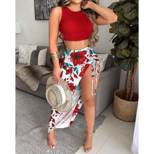 Summer Casual Beachwear Solid Sleeveless Tank Vest Top & Floral Drawstring Ruched Slit Thigh Skirt Set Holiday Two Pieces Women