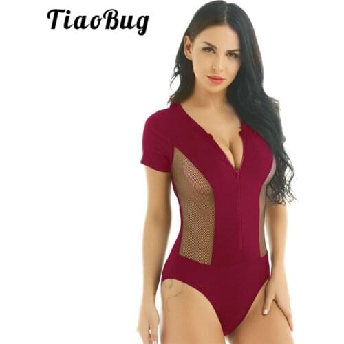 TiaoBug Fashion Round Neck Short Sleeve Front Zipper Fishnet Splice Monokini Women Sexy Swimsuit Beach Bathing Suits Swimwear