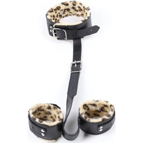 Handcuffs Backhand Leopard Color Hand Neck Sleeves Black Leather Sex Toys Couples Sex Products