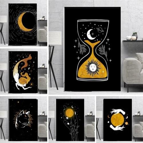 Hand Hourglass Sun Moon Face Girl Abstract Nordic Posters and Prints Art Canvas Painting Wall Pictures Living Room Decor