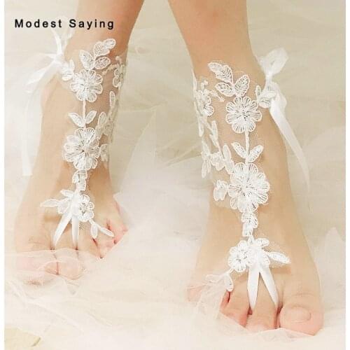 Real Delicate Ivory Lace Bridal Barefoot Sandals 2019 Women Anklet Shoes Leg Chain Beach Ankle Bracelets Wedding Accessories