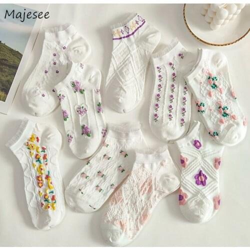 Socks Women Cotton Female Casual Harajuku Cute Funny Ankle Sock Korean Style Kawaii White Low Tube Print Summer All-match Lace