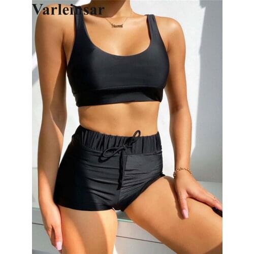 New Black High Waist Bikini Female Swimsuit Women Swimwear Two-piece Bikini set Padded Bather Bathing Suit Swim Sport Wear V2604