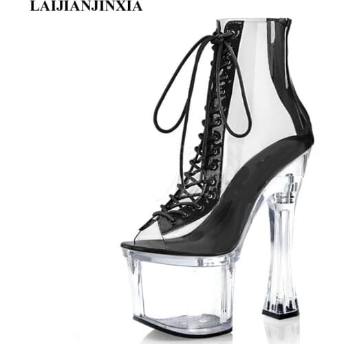 LAIJIANJINXIA New 18cm High Heels Dance Shoes Women Boots Sexy Ankle Boots Black Fish Mouth Party Club Model Pole Dancing Shoes
