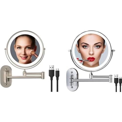 Rechargeable Wall Mounted Lighted Makeup Vanity Mirror 8 Inch Double Sided 1X 10X Magnifying Bathroom Mirror