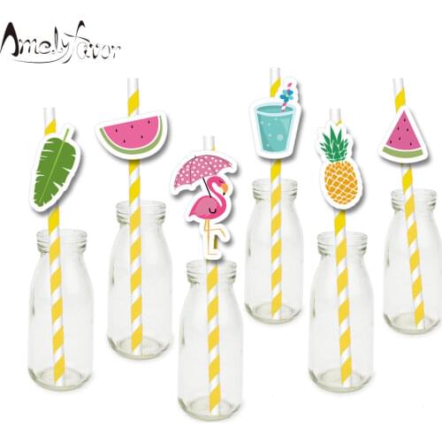 Summer Holiday Theme Flamingo Straw Watermelon Paper Straws Kids Birthday Party Festival Decorations Supplies Baby Shower 24 PCS