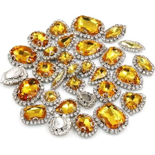 Wedding decorations mix shape silver base Gold yellow crystal buttons sew on glass rhinestones diy clothing