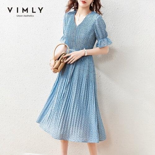 VIMLY Summer Dress For Women Elegant Office Lady V Neck Dot Print Pleated Dress High Waist Flare Sleeve Vintage Dresses F7228