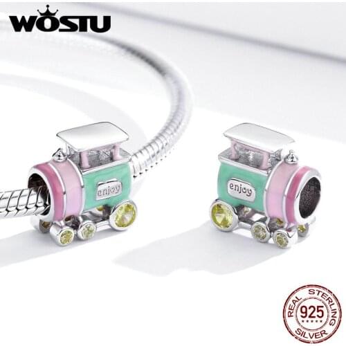 WOSTU Real 925 Sterling Silver Colorful Train Beads Crystal Travel Charms Fit Original Bracelet Pendant Jewelry Making FNC289