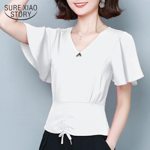 2020 Summer New Fashion Short Sleeve V-neck Waist Hugging Chiffon Blouse Women Plus Size Women Shirt White Blouse Blusas 9047 50