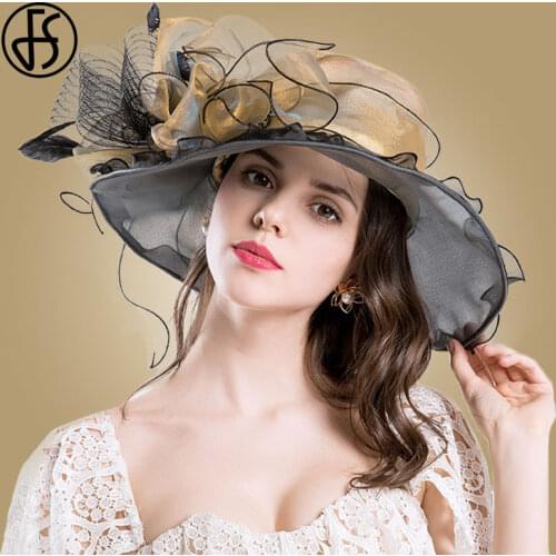 FS Women Fedoras Big Flowers Wide Brim Hats Elegant Wedding Church Hat For Party Ladies Kentucky Derby Fedora Pink Purple