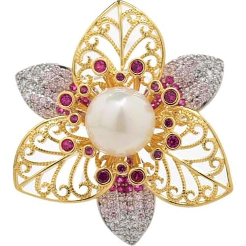 High Quality Vintage Brooch Flower Red Stone Fashion Metal Coat Pins Jewelry For Women Wholesale