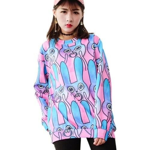 Ladies Spring Autumn Harajuku Top O-Neck Long Sleeve Pullovers Women Fashion Cartoon Rabbit Print Oversize Loose Sweatshirts Z68