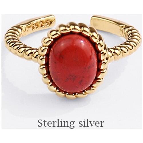 Vintage 925 Sterling Silver Retro Elegant Golden Color Bump Twist Red Stone Adjustable Open Rings for Women Birthday Party SR230
