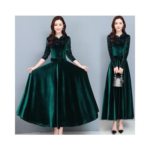 With A Belt Autumn Velvet Dress For Work Office Dresses Womens Clothing Robe Fashion Sashes Temperament Lady V-neck Vintage
