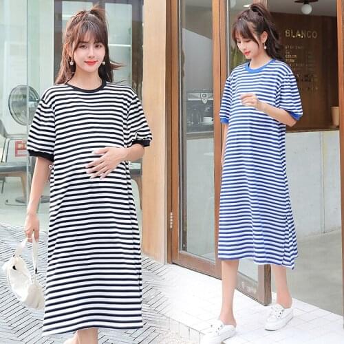03742# Maternity Clothes Summer Cotton Short Sleeves Loose Stylish Striped Dress Pregnant Women Pregnancy Clothes