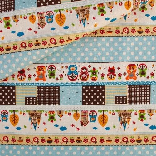 110cmx50cm Cotton Linen Fabric for handmad, bed, bag, curtain Sewing - Stripe, dot, tree and doll (blue) (LF312)