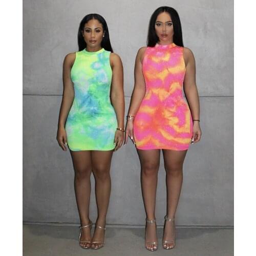 BKLD Sexy Summer Outfits Tie Dye Dresses For Women 2020 New Print Dress Womens Clubwear Sleeveless Bodycon Mini Dress Women