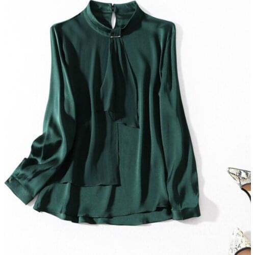 Real Silk Blouse Women Tops Green Blouses Long Sleeve Shirts Fashion Clothing Spring Streetwear Blusas LWL1617