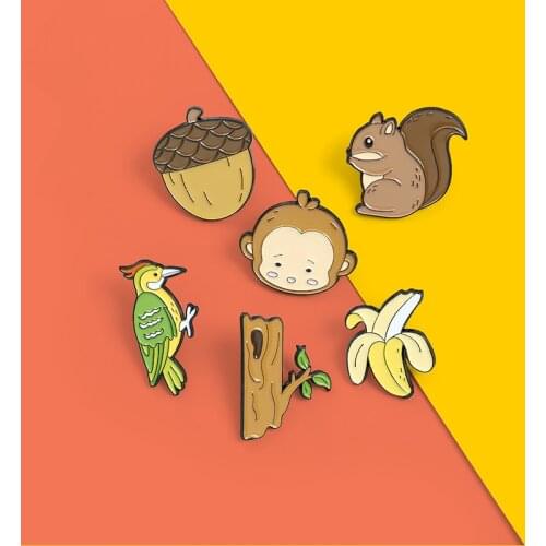 Woodpecker Trunk Enamel Pin Squirrel Monkey Banana Brooches Wild Animals Badges Hat Bag Backpack Accessories Gifts For Kids